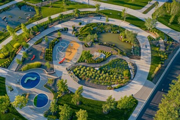 A drone captures the layout of a park from above, showing a playground area surrounded by greenery - obrazy, fototapety, plakaty