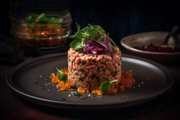 Tuna tartare with microgreens on a plate.