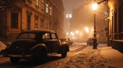 Rolgordijnen Vintage car in the street of Prague in winter. Czech Republic in Europe. © rabbit75_fot