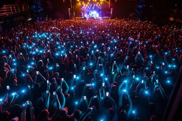 A drone shot capturing a large crowd of people holding cell phones, engrossed in their screens - obrazy, fototapety, plakaty