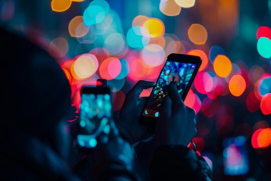 A person using their smartphone to capture a moment, focusing on the glowing lights of the device