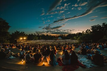 A wide-angle shot from the stage perspective capturing a crowd of people sitting on the ground watching a concert - obrazy, fototapety, plakaty