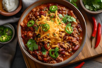 Topdown shot of a bowl filled with classic bean chili topped with melted cheese and green peppers