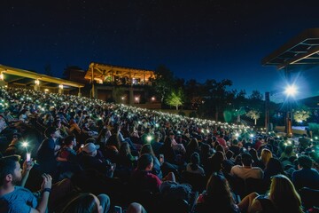 A wide-angle shot from the stage captures a large crowd of people holding up their cell phones