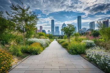 A walkway in a park with a city skyline in the background, captured in a wide-angle shot
