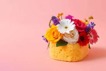 Bouquet of flowers, floral decoration on the bath sponge,  creative copy space, pastel pink background.