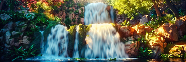 Tranquil Forest Waterfall Scene, Greenery Surrounding Flowing River in Springtime