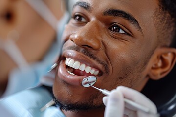 Joyful patient undergoes dental examination with smile
