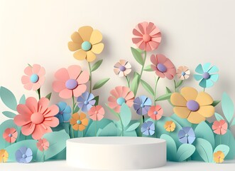 
Pastel floral decoration of paper flowers on a white background, greeting card, spring holidays, creative wallpaper.
