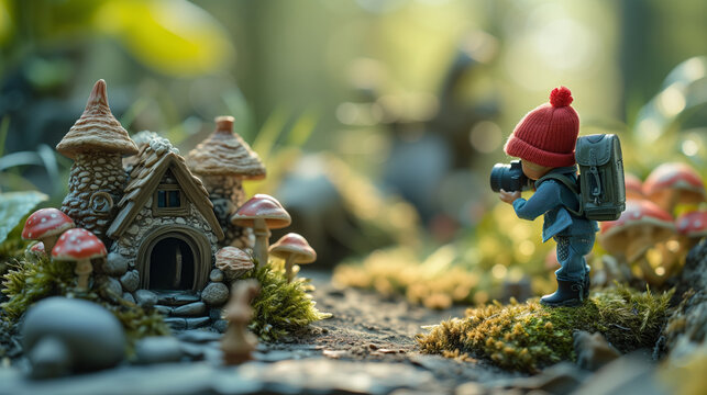 Miniature figurines taking pictures of miniature houses, telling a story or evoking a sense of nostalgia.