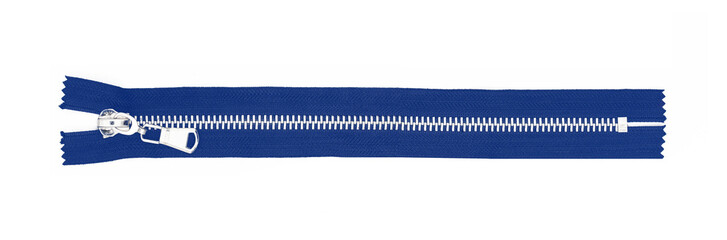 Blue metal zipper isolated on white. Long cutout zipper object. Vintage style clothing accessories....