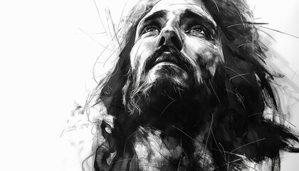 Sketch style portrait of Jesus Christ on white background. - obrazy, fototapety, plakaty