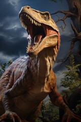 Close-up view of a prehistoric dinosaur. Photorealistic.