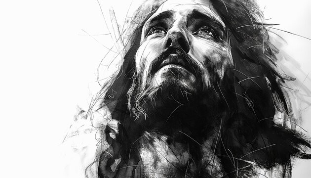 Sketch style portrait of Jesus Christ on white background.