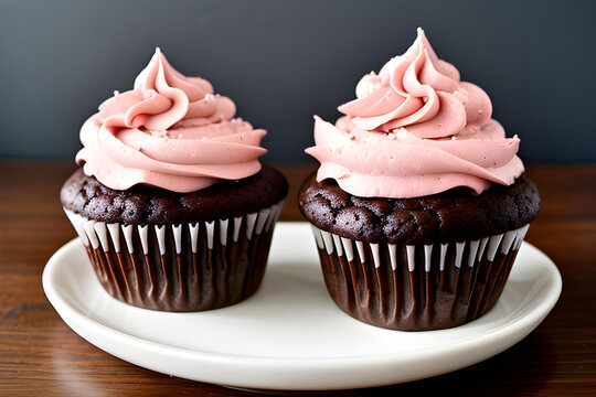 A delicious image depicting a couple of chocolate cupcakes with pink frosting
