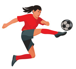 Isolated Japanese teenage girl figure of a junior women's football player in red uniform jumping over the field hitting the ball