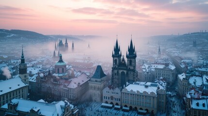 Obraz premium Beautiful historical buildings in winter with snow and fog in Prague city in Czech Republic in Europe.