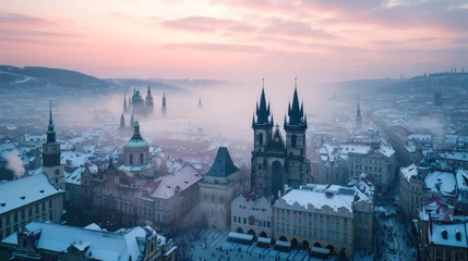 Fotobehang Beautiful historical buildings in winter with snow and fog in Prague city in Czech Republic in Europe. © rabbit75_fot