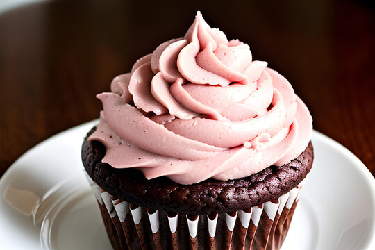 A delicious image of a very creamy chocolate cupcake with pink frosting