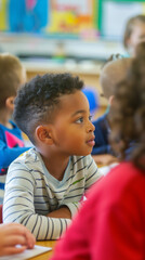 Black boy in kindergarten attentive in class with other students