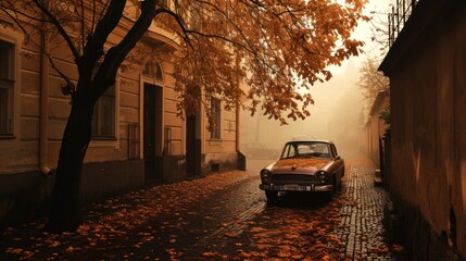 Vintage car in the street of Prague. Czech Republic in Europe.