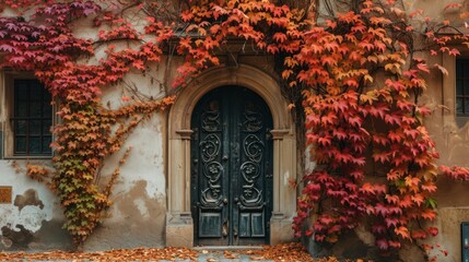Autumn foliage with vintage window of Prague city in Czech Republic in Europe. - obrazy, fototapety, plakaty