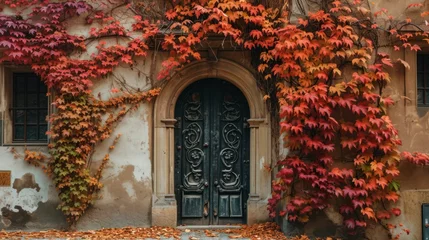Keuken spatwand met foto Autumn foliage with vintage window of Prague city in Czech Republic in Europe. © rabbit75_fot
