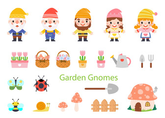 Garden Gnome and Woman cartoon, Gardening and Spring, Garden tools and decor collection