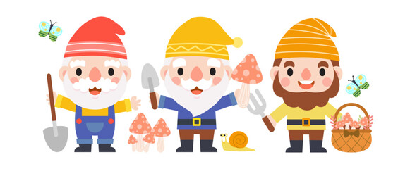 Garden Gnome and Woman cartoon, Gardening and Spring, Garden tools and decor collection