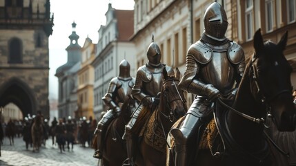 A team of medieval cavalry in armor on horseback marching in Prague city in Czech Republic in Europe. - obrazy, fototapety, plakaty