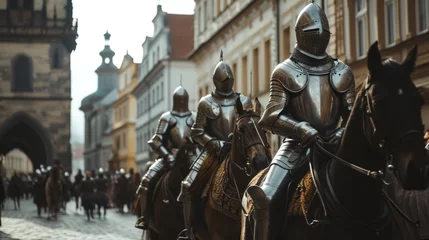 Fotobehang A team of medieval cavalry in armor on horseback marching in Prague city in Czech Republic in Europe. © rabbit75_fot