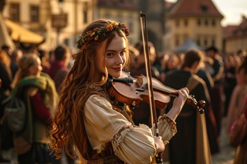 Lifestyle portrait of a beautiful Medieval girl playing violin in dance party in Prague city in Czech Republic in Europe.