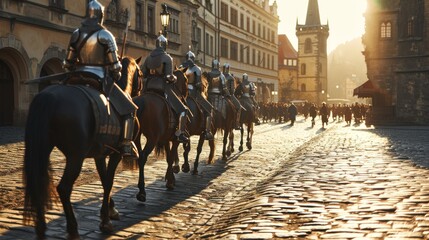 A team of medieval cavalry in armor on horseback marching in Prague city in Czech Republic in...