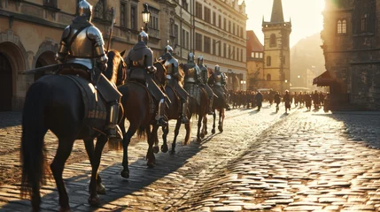 Schilderijen op glas A team of medieval cavalry in armor on horseback marching in Prague city in Czech Republic in Europe. © rabbit75_fot