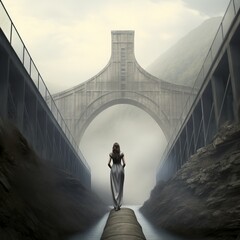illustration of a gigantic dam and a bridge giant floating woman photo, Generative ai - obrazy, fototapety, plakaty