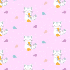 Seamless pattern with a cute white cat