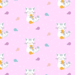 Seamless pattern with a cute white cat