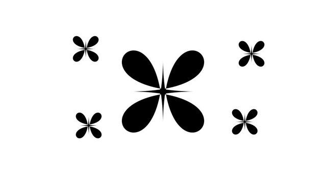 Zoom in and out animation the abstract star symbol. Large black symbol in the center and four small symbols around. Seamless looped 4k animation on white background