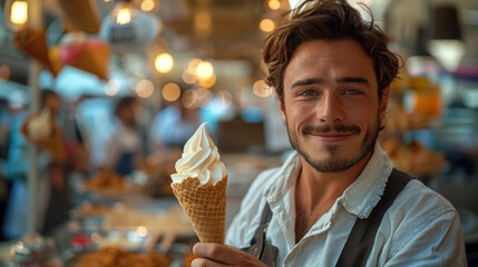 A friendly, well-groomed, elegantly dressed male ice cream salesman standing behind an ice cream counter in a shopping mall. World Ice Cream Day. Bokeh, Copy space