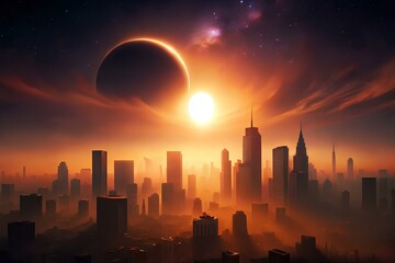 Urban Eclipse: Dramatic Cityscapes with Partial Sun Obscured by Eclipse