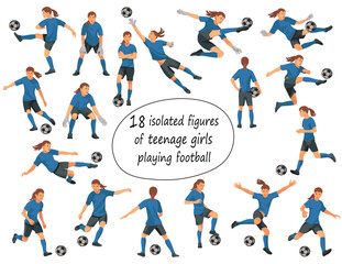 Fototapeta na wymiar Teenage team figures of junior girl women's football players and goalkeepers in blue T-shirts in various poses jumping, running, catching the ball on a white background