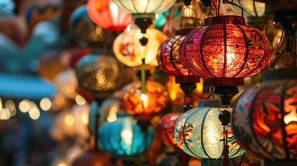 Beautiful vintage lanterns in street to celebrate Chinese lunar new year. - obrazy, fototapety, plakaty