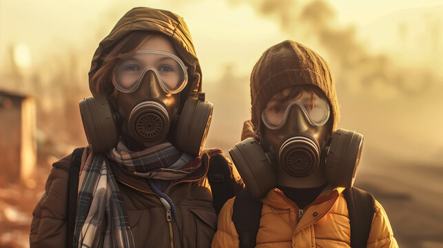 A mother and her children wear masks to protect themselves from air pollution. The concept of the importance of protecting against air pollution. Generative AI.
