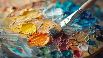 Fototapeta premium Artist's paintbrushes and palette against a canvas, creativity unleashed