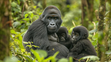 Gorilla family in jungle