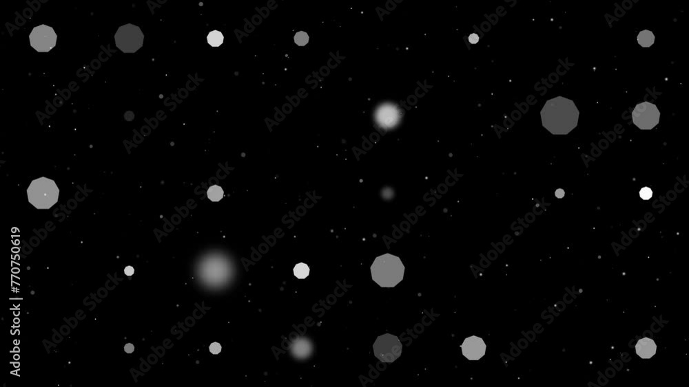 Poster template animation of evenly spaced nonagon symbols of different sizes and opacity. animation of tra