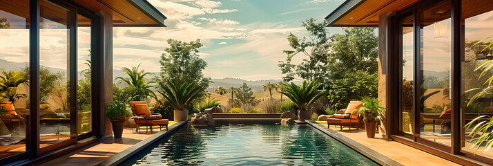 Tropical Luxury Poolside Retreat in Bali, Indonesia, Showcasing a Serene Swimming Experience Amidst Lush Greenery and Stunning Views