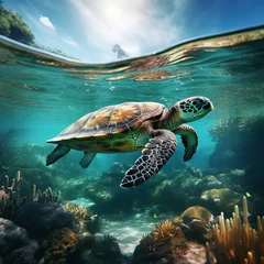 Fotobehang illustration of a turtle is swimming under a clear body of water, Generative ai © aniartai