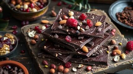 Chocolate bark with dried fruits and nuts, rustic charm