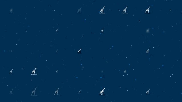Template animation of evenly spaced wild giraffe symbols of different sizes and opacity. Animation of transparency and size. Seamless looped 4k animation on dark blue background with stars